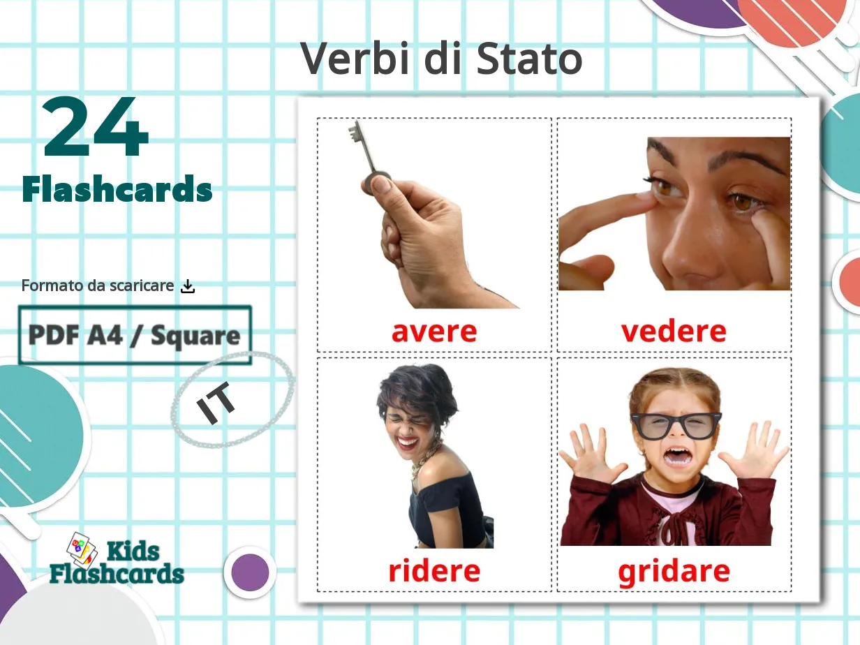 24 Flashcard GRATUITE sui Verbi di Stato in 4 Formati PDF | Immagini in