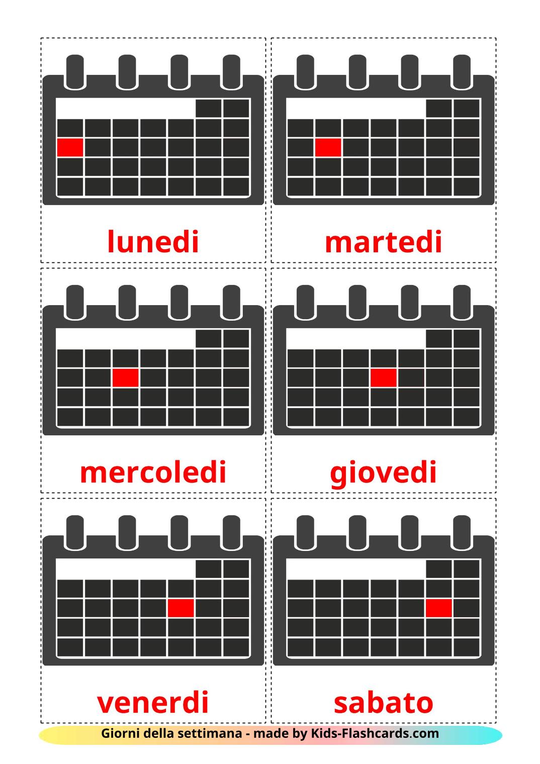 Les Jours de la Semaine - 12 Flashcards italien imprimables gratuitement