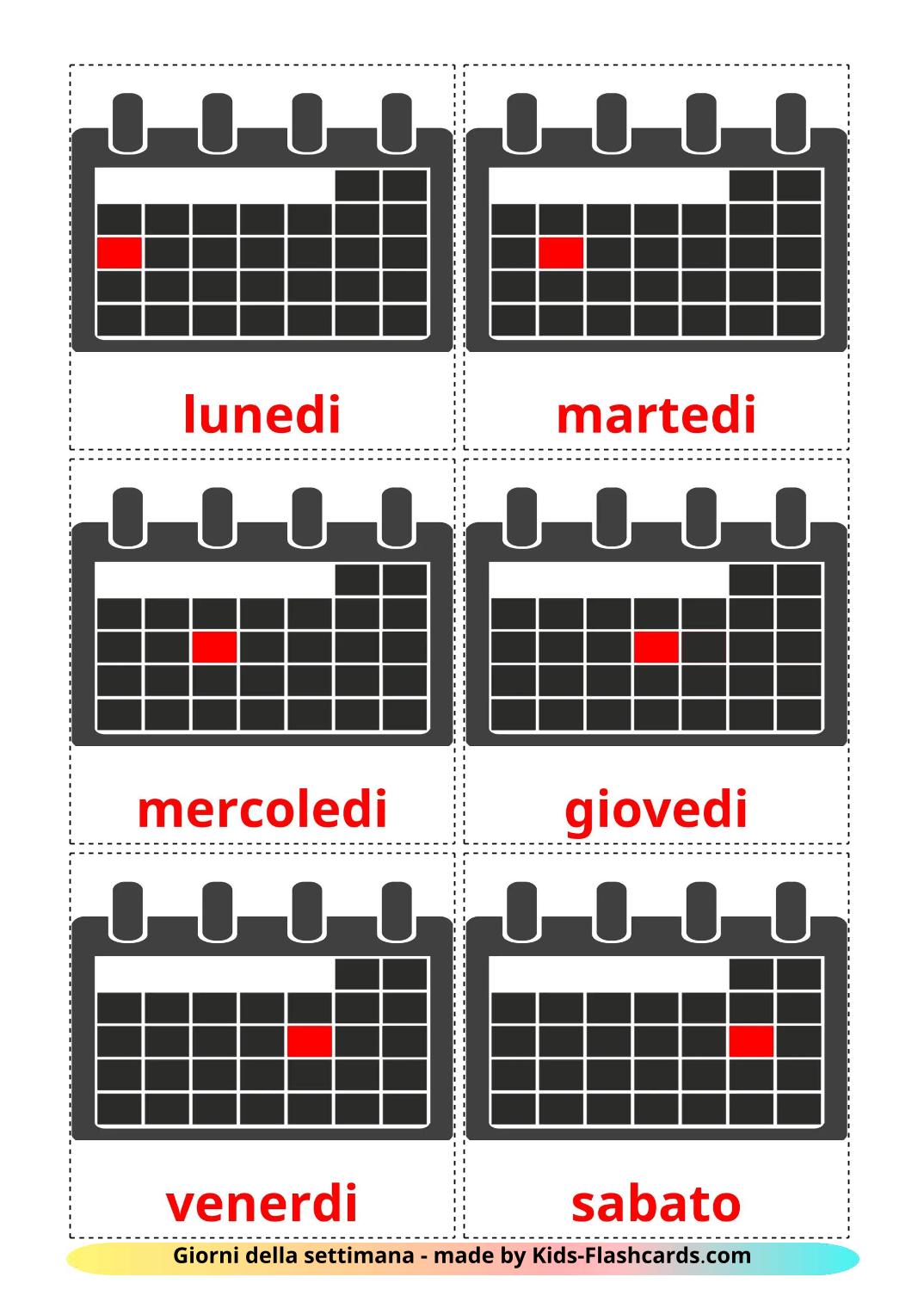 Les Jours de la Semaine - 13 Flashcards italien imprimables gratuitement