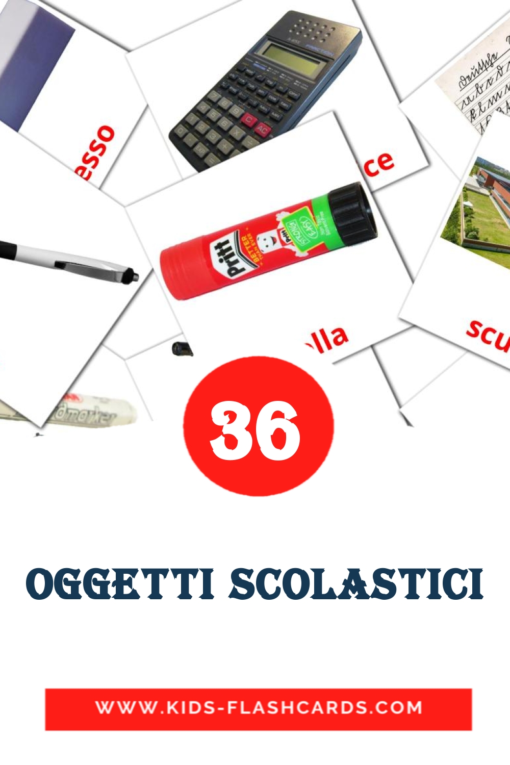 36 Oggetti scolastici Picture Cards for Kindergarden in italian