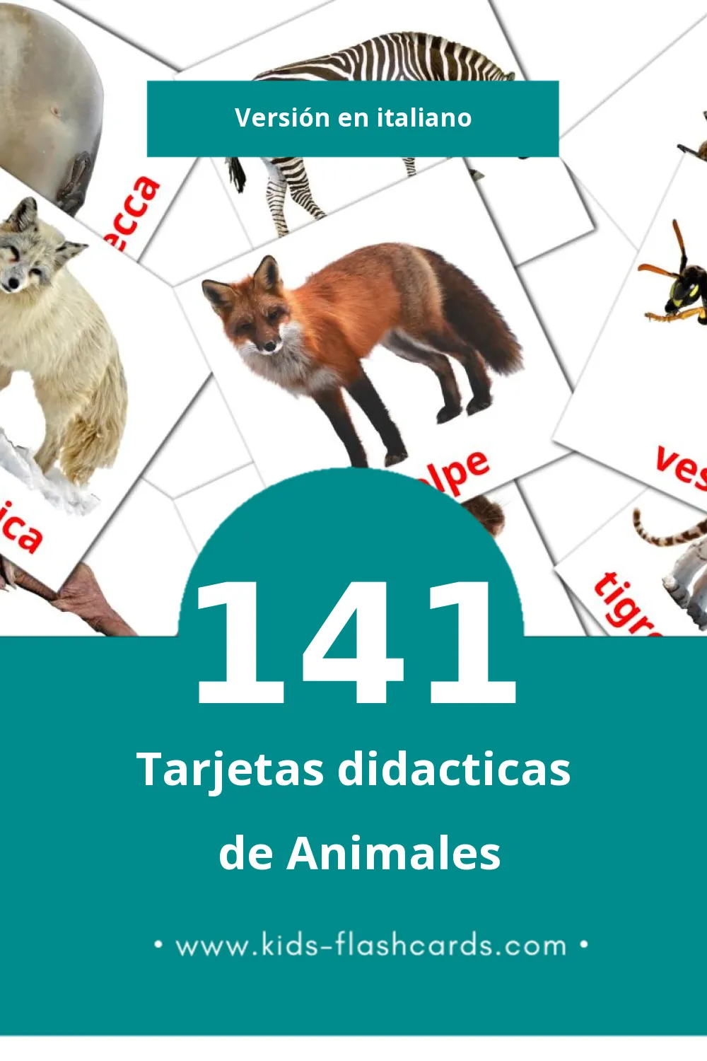 Tarjetas visuales de Animali para niños pequeños (141 tarjetas en Italiano)