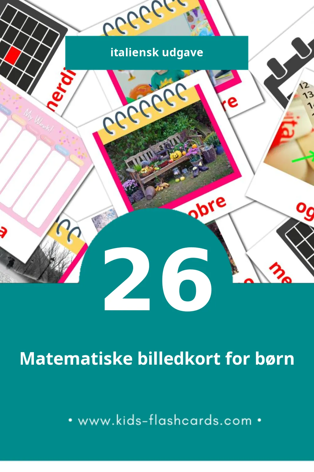 Visuelle billedkort for børn om Calendario til småbørn (26 kort på Italiensk)