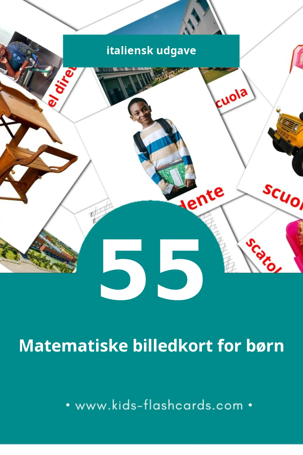 Visuelle billedkort for børn om Scuola til småbørn (55 kort på Italiensk)