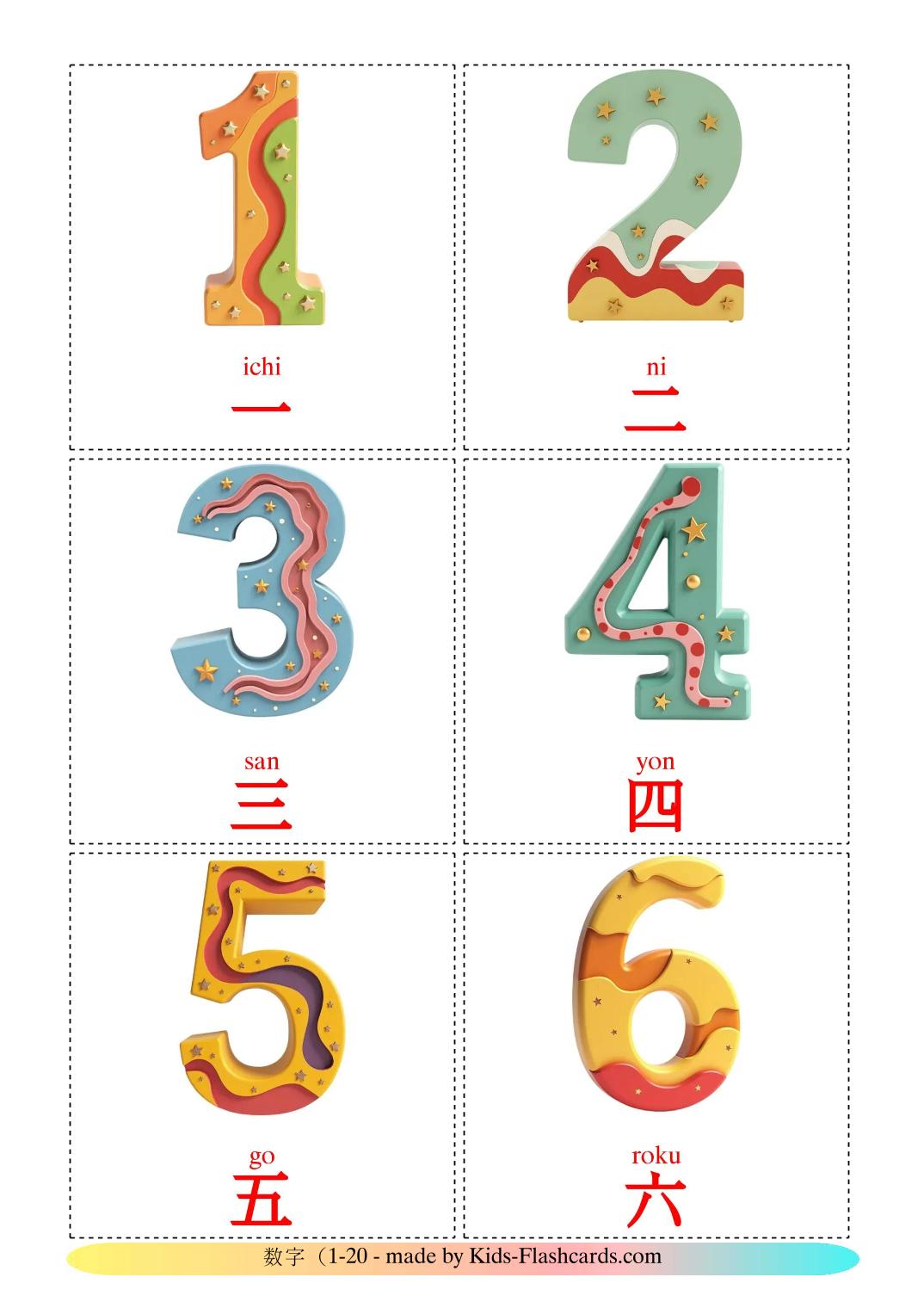 Numbers (1-20) - 20 Free Printable japanese Flashcards 