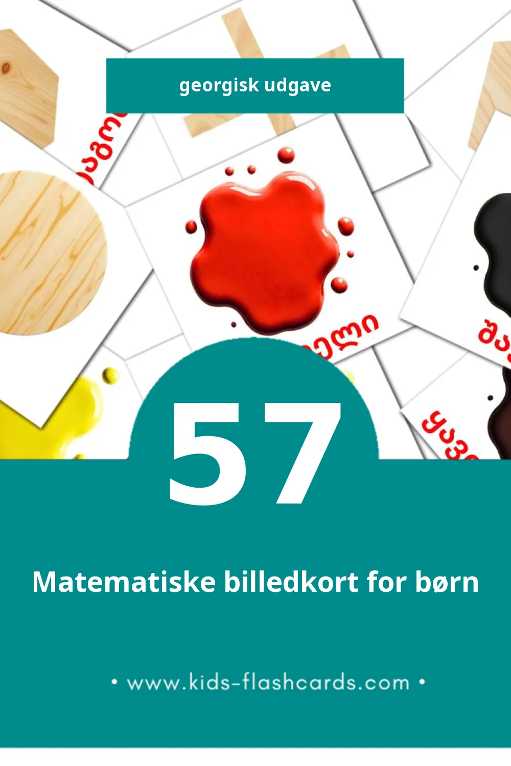 Visuelle billedkort for børn om ფერები til småbørn (57 kort på Georgisk)