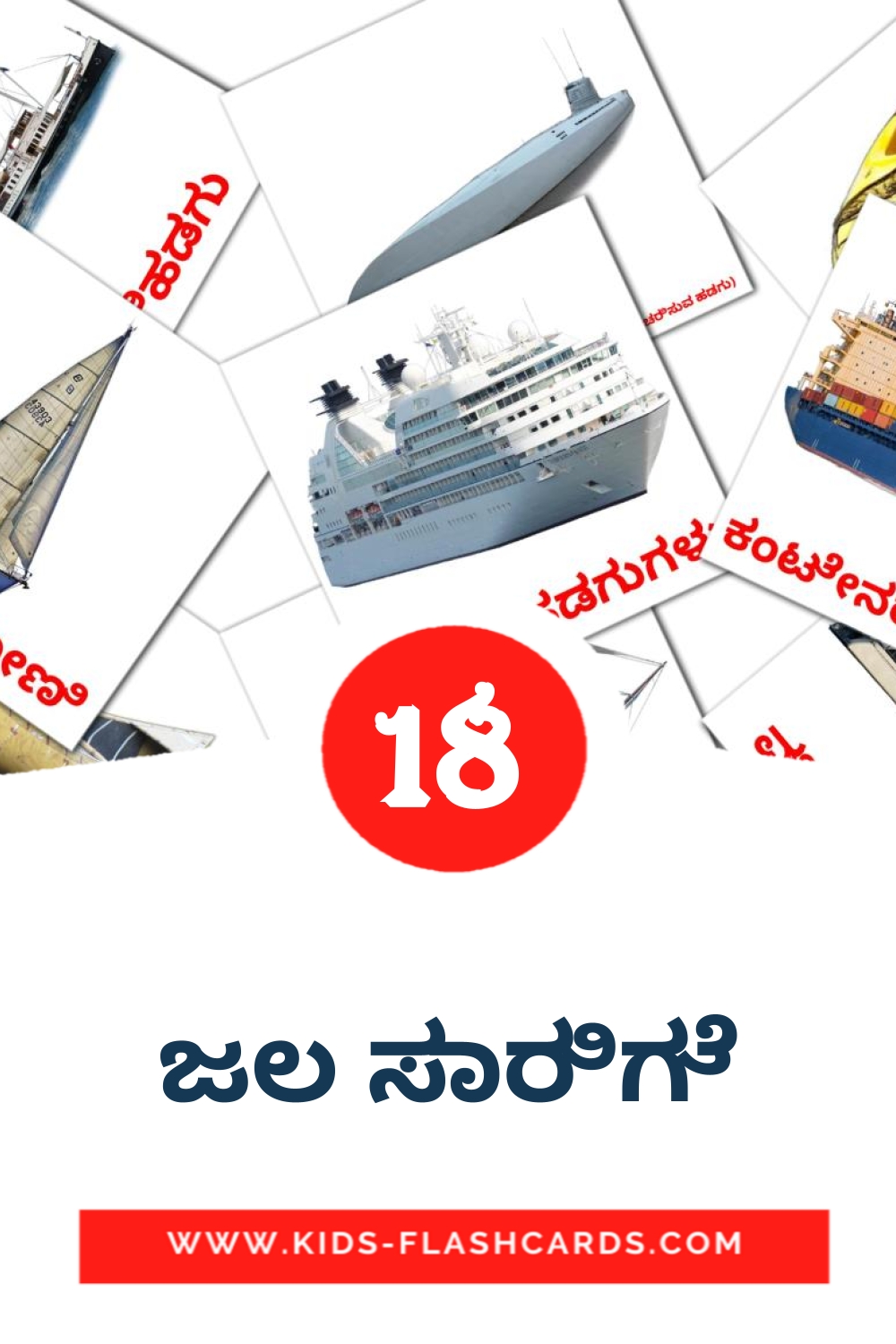 18 tarjetas didacticas de ಜಲ ಸಾರಿಗೆ para el jardín de infancia en kannada