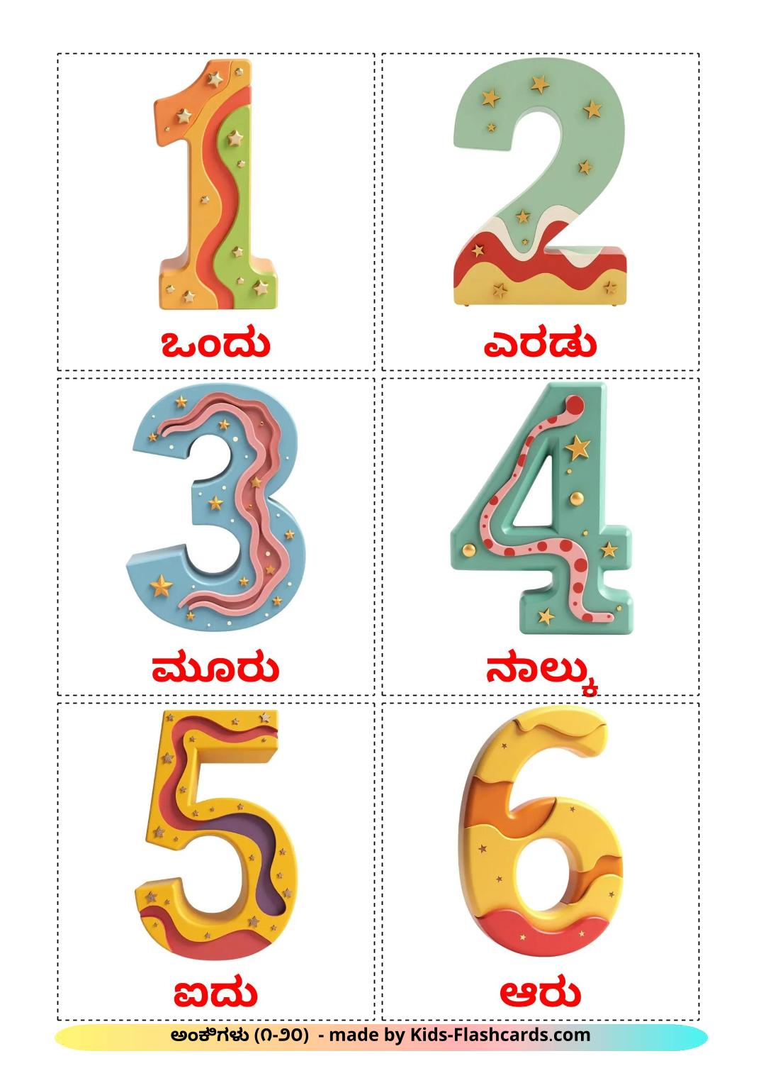 Números (1-20) - 20 fichas de kannada para imprimir gratis 