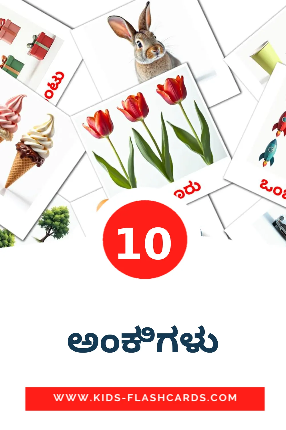 10 cartes illustrées de ಅಂಕಿಗಳು pour la maternelle en kannada