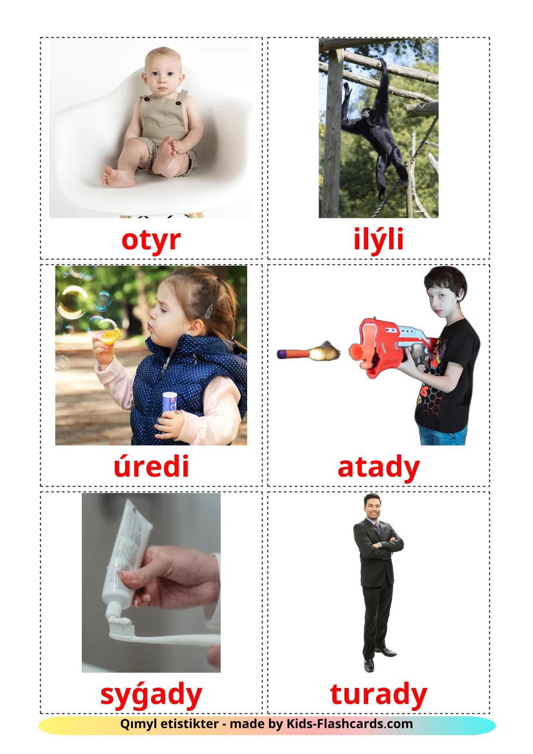 Action verbs - 52 Free Printable kazakh(latin) Flashcards 