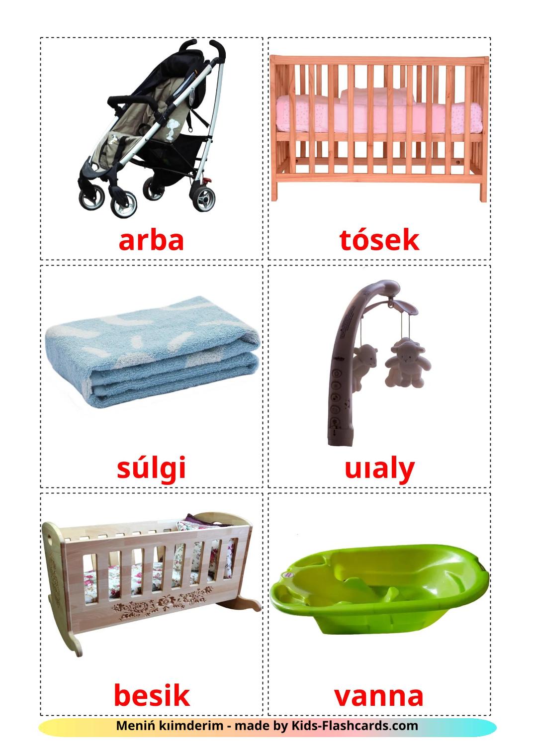 Baby things - 20 Free Printable kazakh(latin) Flashcards 