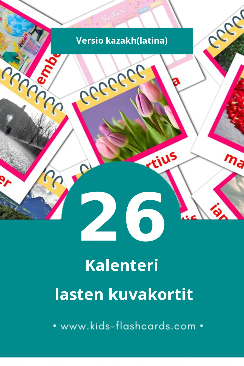 Calendarium lasten kuvakortit pikkulapsille (26 korttia Kazakhksi(latina))