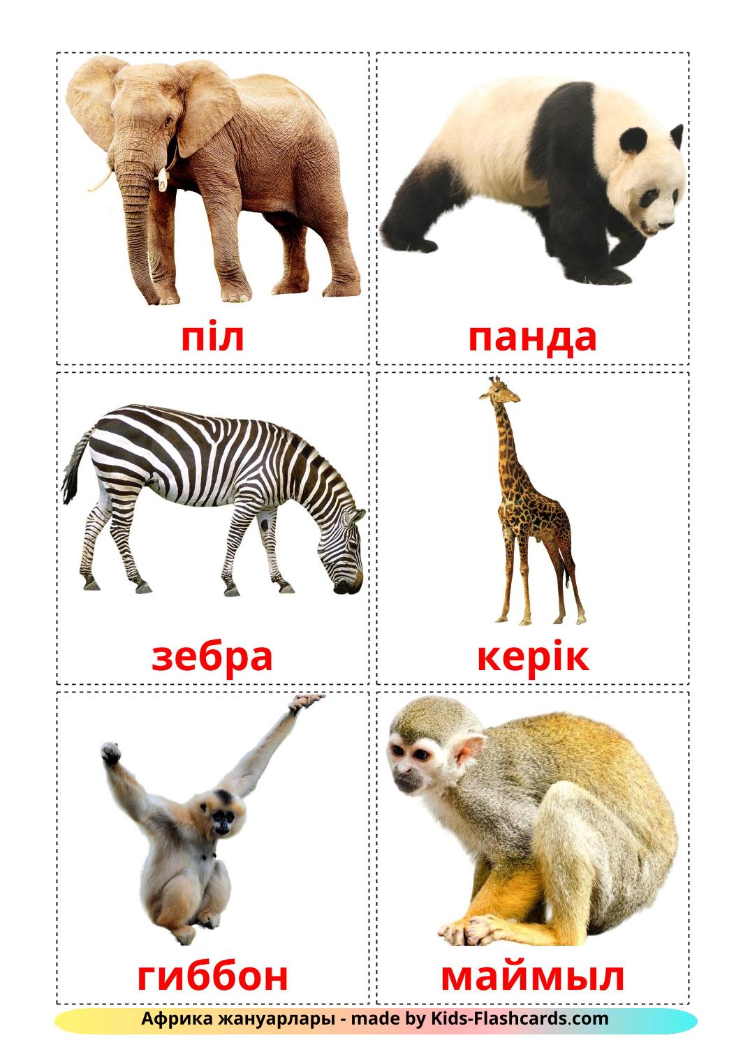Jungle animals - 21 Free Printable kazakh Flashcards 