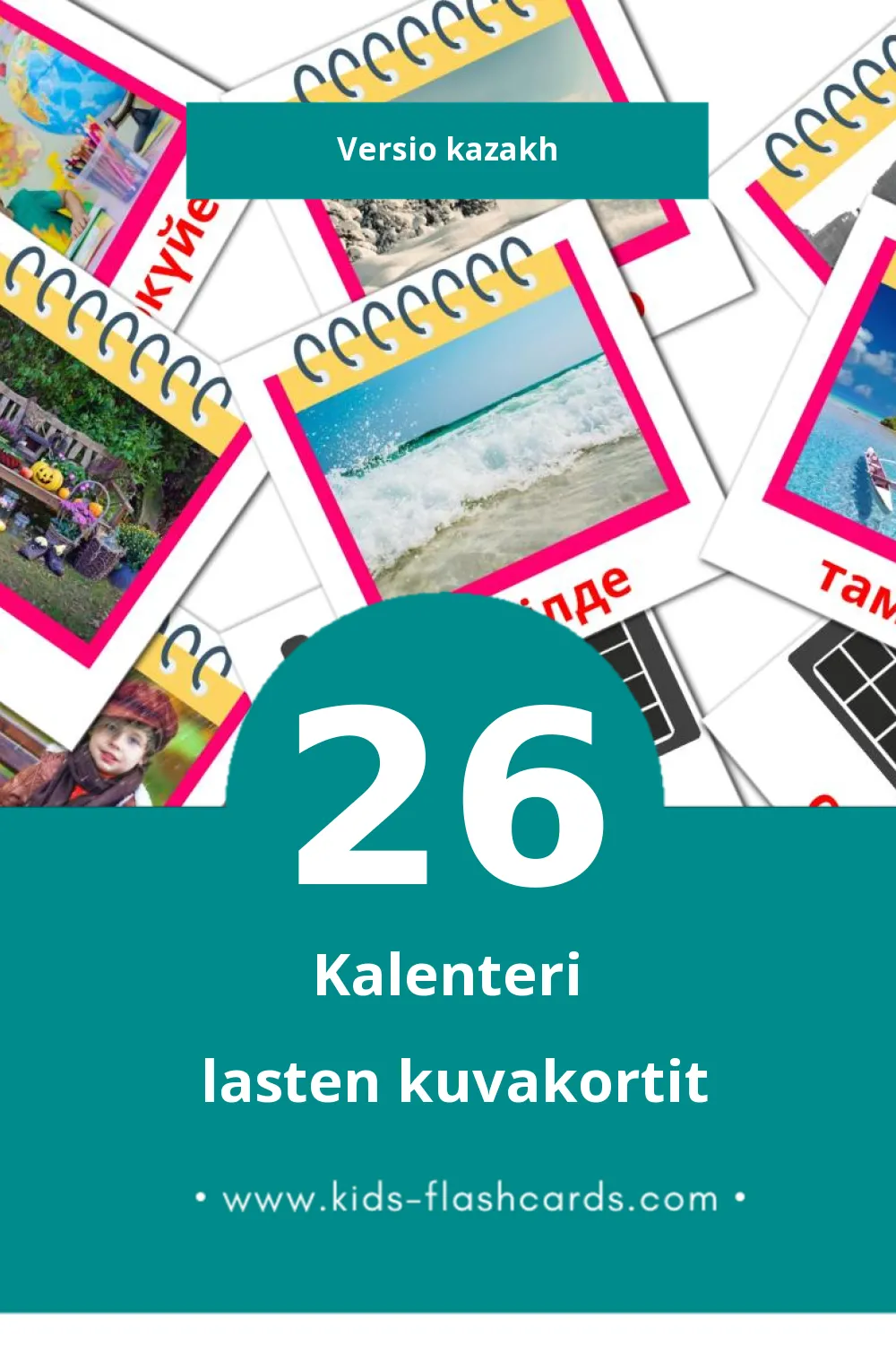 Күнтізбе lasten kuvakortit pikkulapsille (26 korttia Kazakhksi)