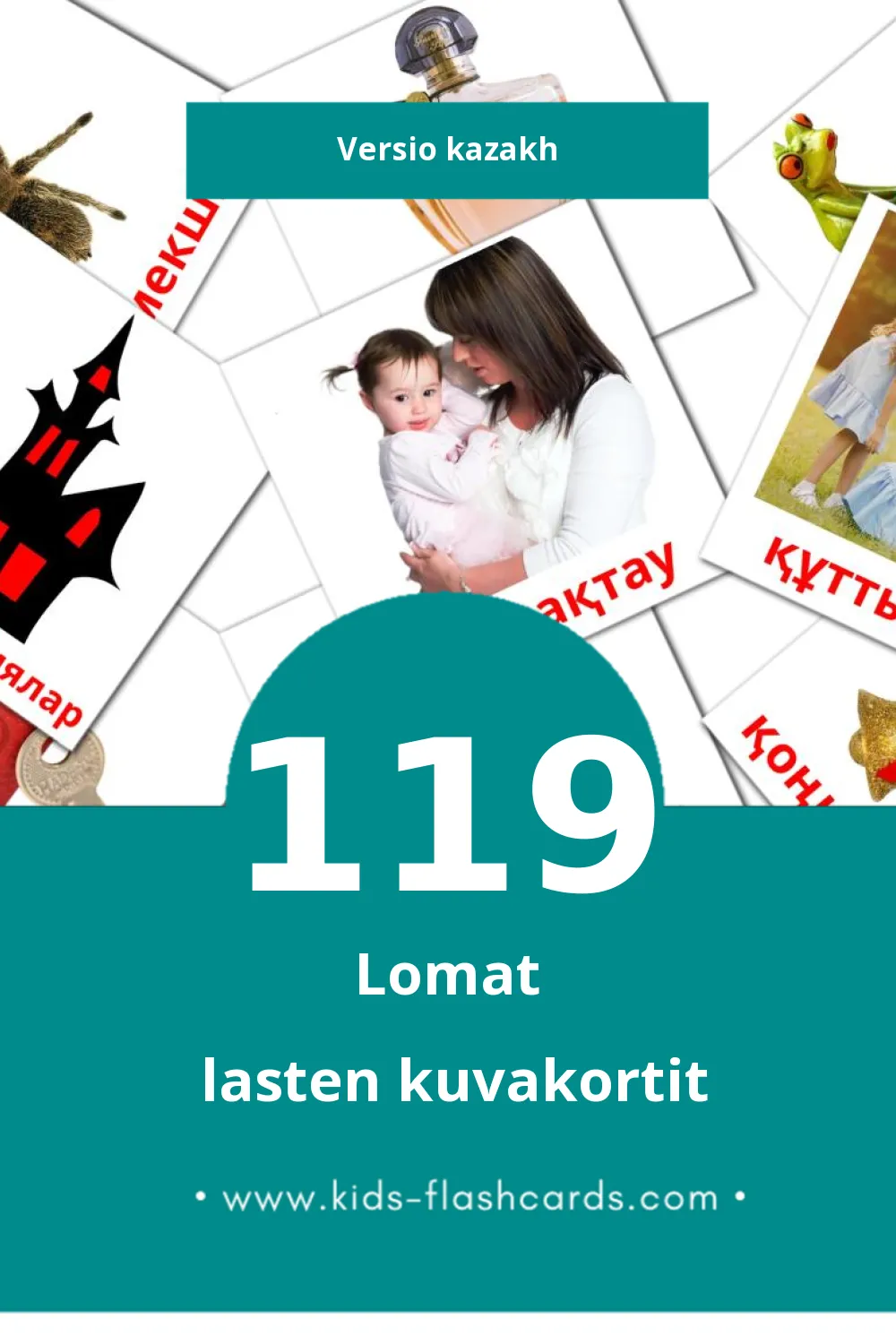 Мерекелер lasten kuvakortit pikkulapsille (119 korttia Kazakhksi)