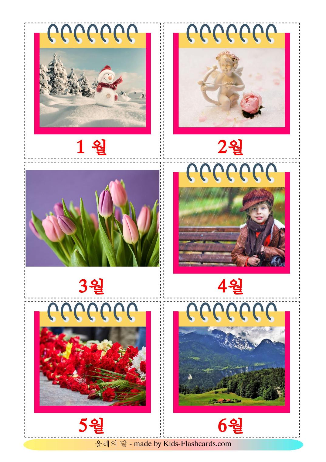 Les Mois de l'année - 12 Flashcards coréen imprimables gratuitement