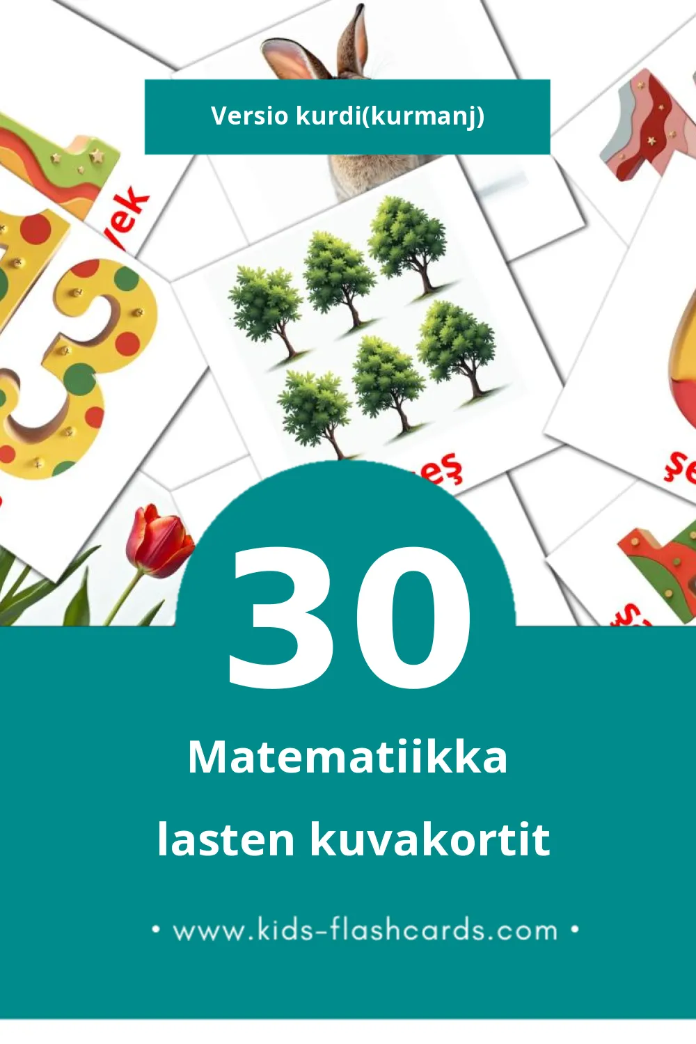 Matematîk lasten kuvakortit pikkulapsille (30 korttia Kurdiksi(kurmanj))