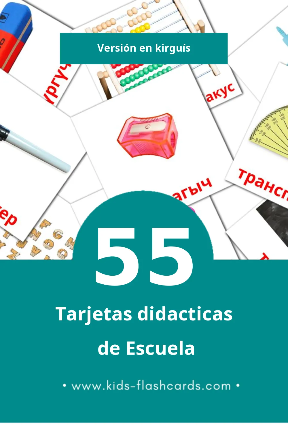 Tarjetas visuales de Мектеп para niños pequeños (55 tarjetas en Kirguís)