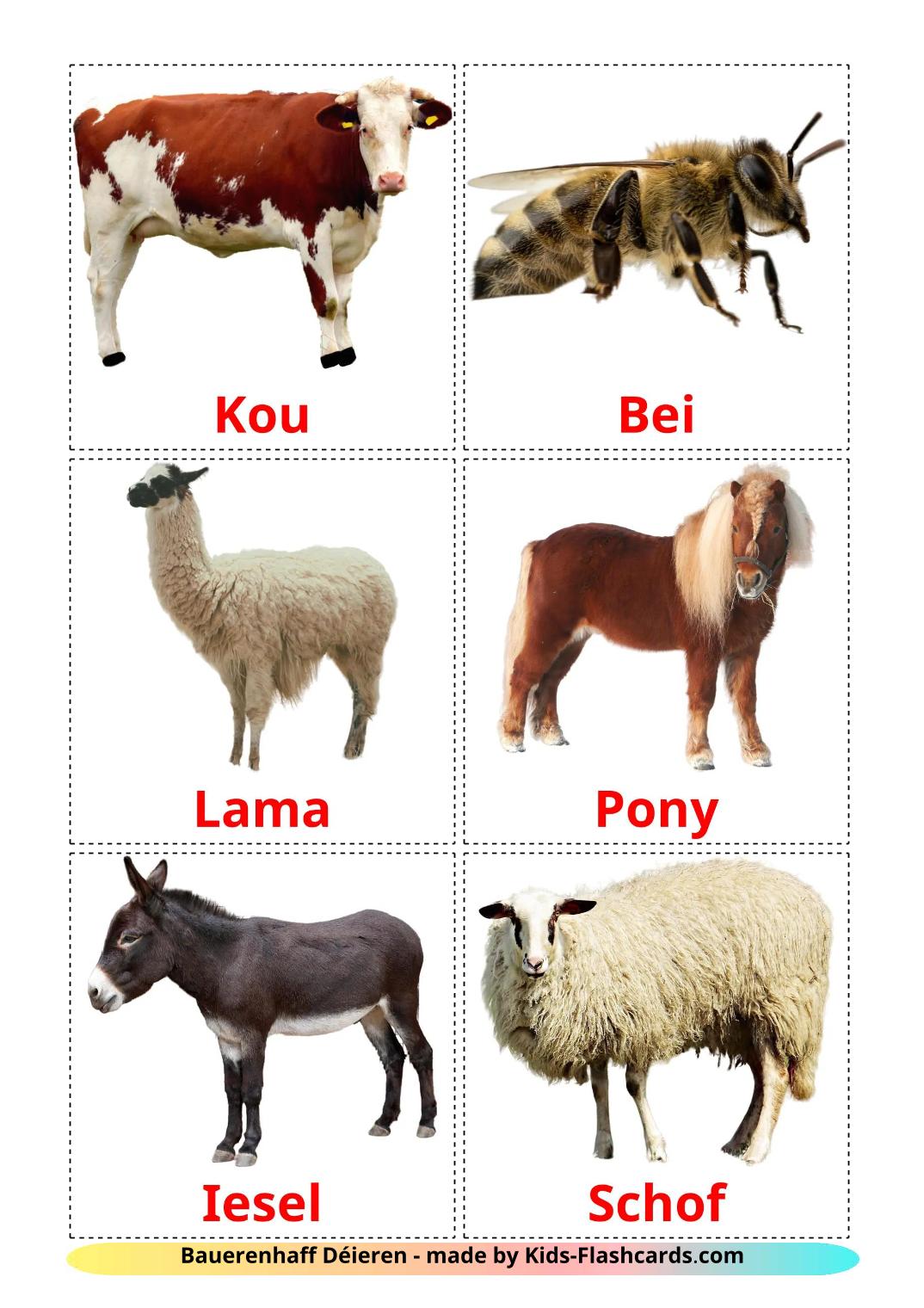 Animais da Fazenda - 16 Flashcards luxemburguêses gratuitos para impressão