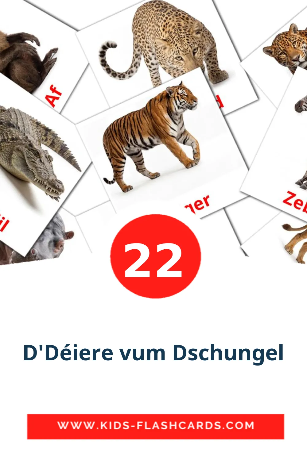 22 billedkort for børn med D'Déiere vum Dschungel til børnehaveklassen på luxembourgisk