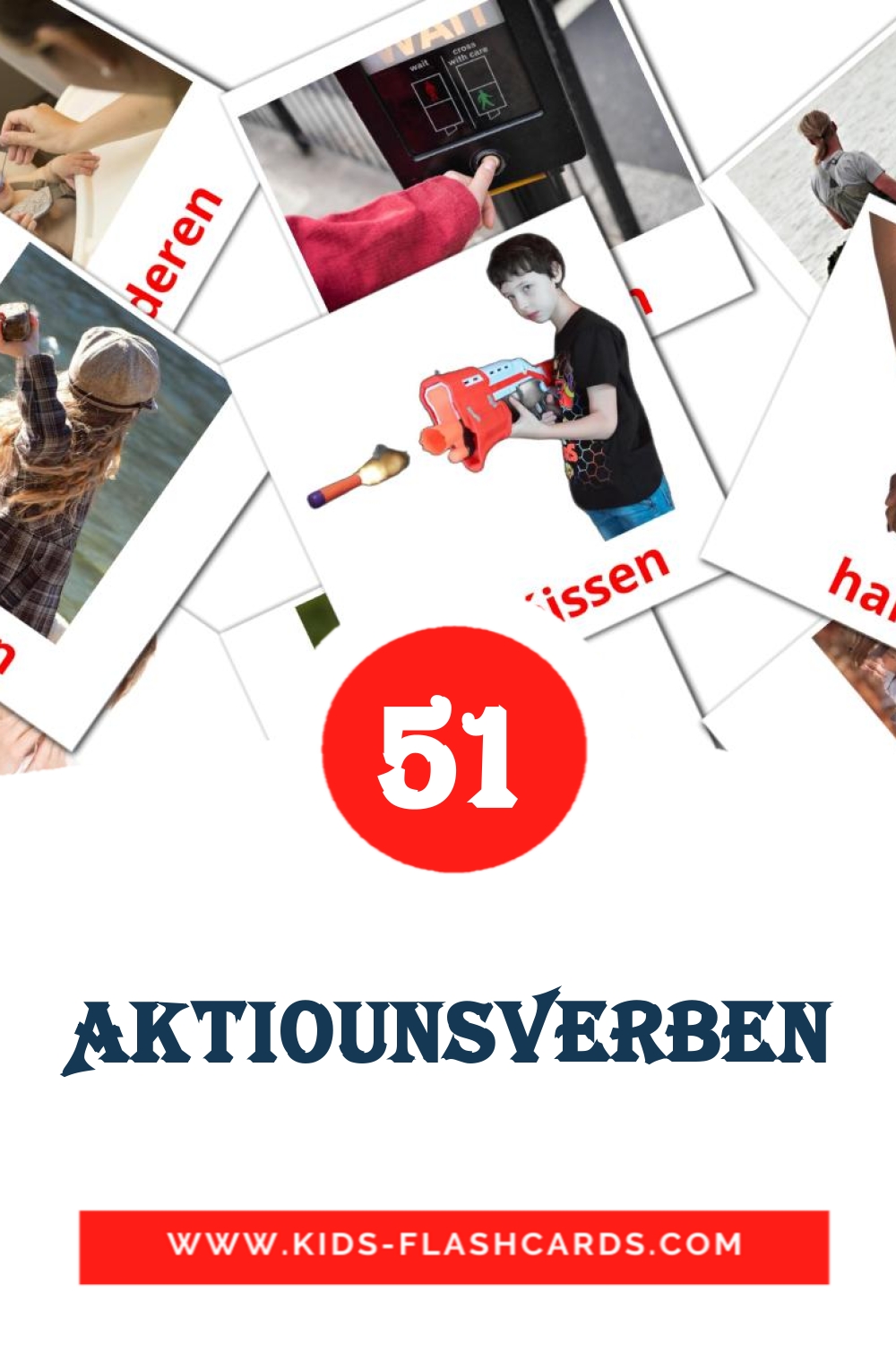 51 Aktiounsverben Picture Cards for Kindergarden in luxembourgish
