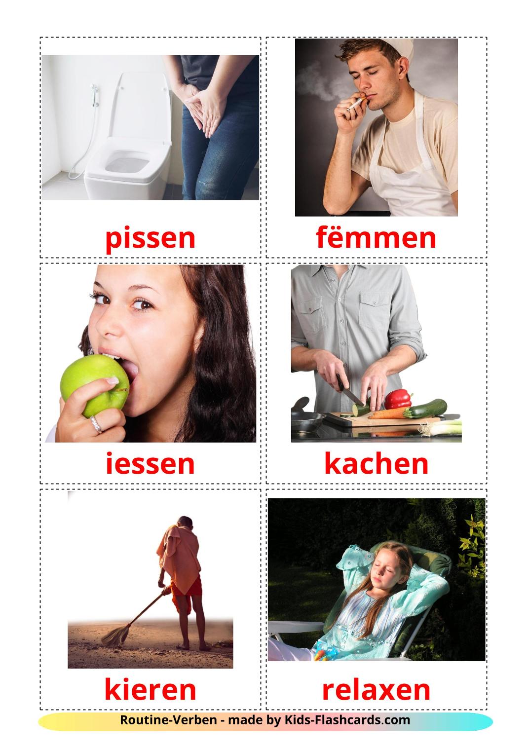 Routine verbs - 33 Free Printable luxembourgish Flashcards 