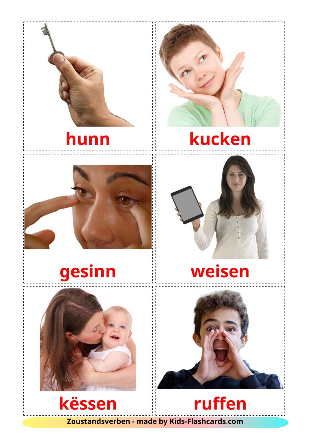 State verbs - 23 Free Printable luxembourgish Flashcards 