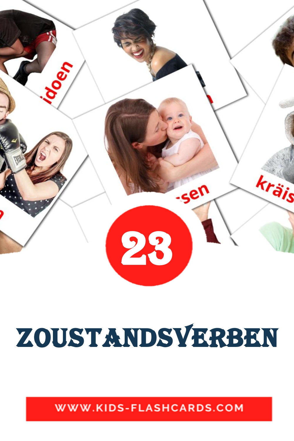 23 Cartões com Imagens de Zoustandsverben para Jardim de Infância em luxemburguês