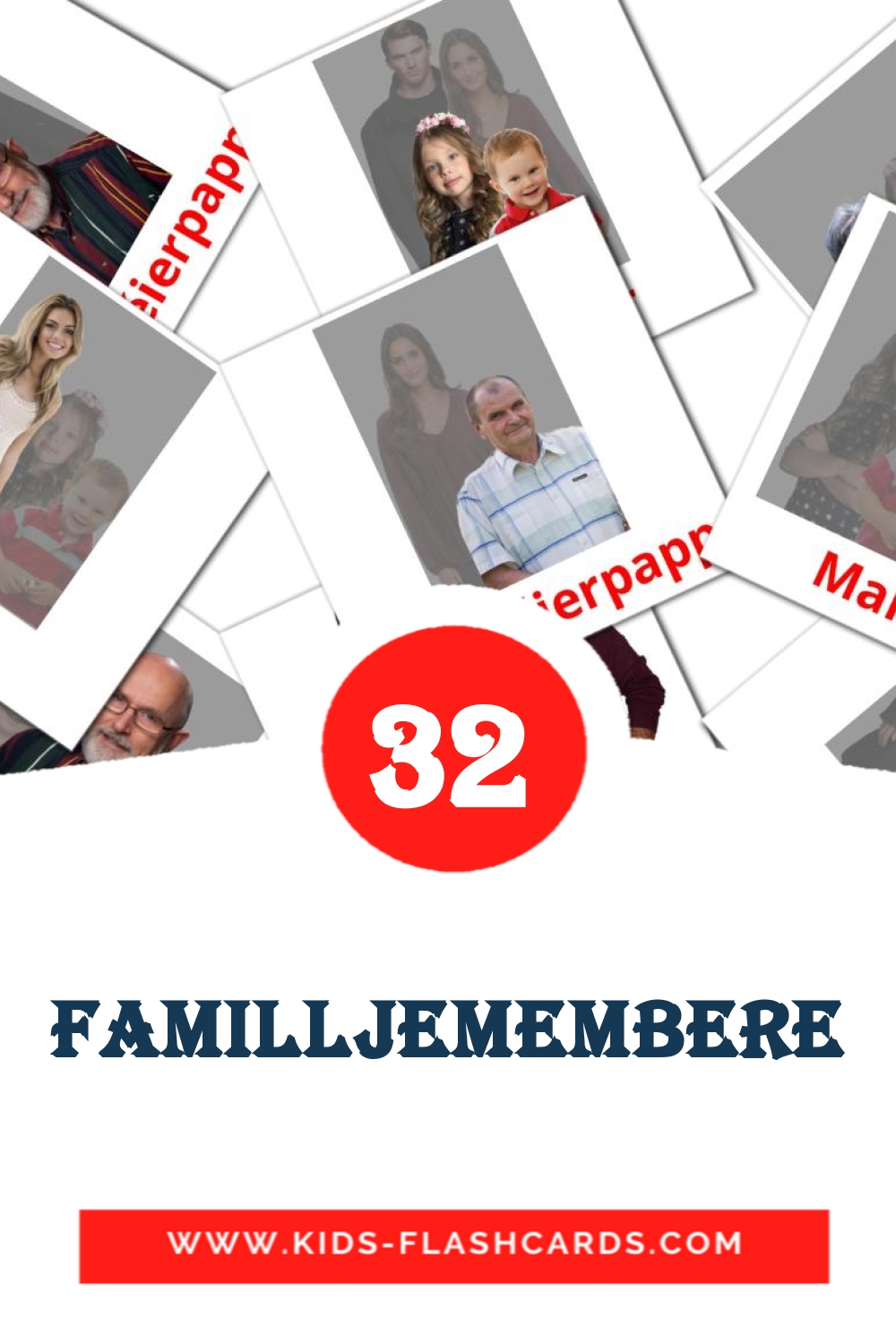 32 Familljemembere Picture Cards for Kindergarden in luxembourgish