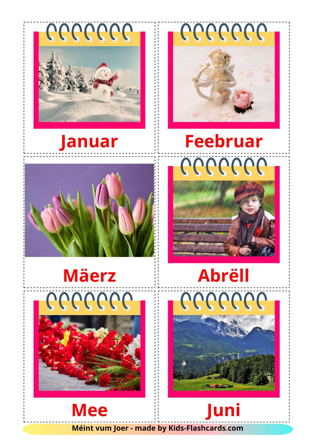 Months of the Year - 12 Free Printable luxembourgish Flashcards 