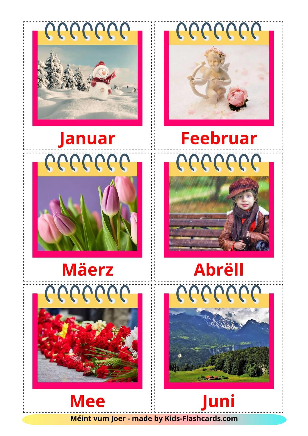 Months of the Year - 13 Free Printable luxembourgish Flashcards 