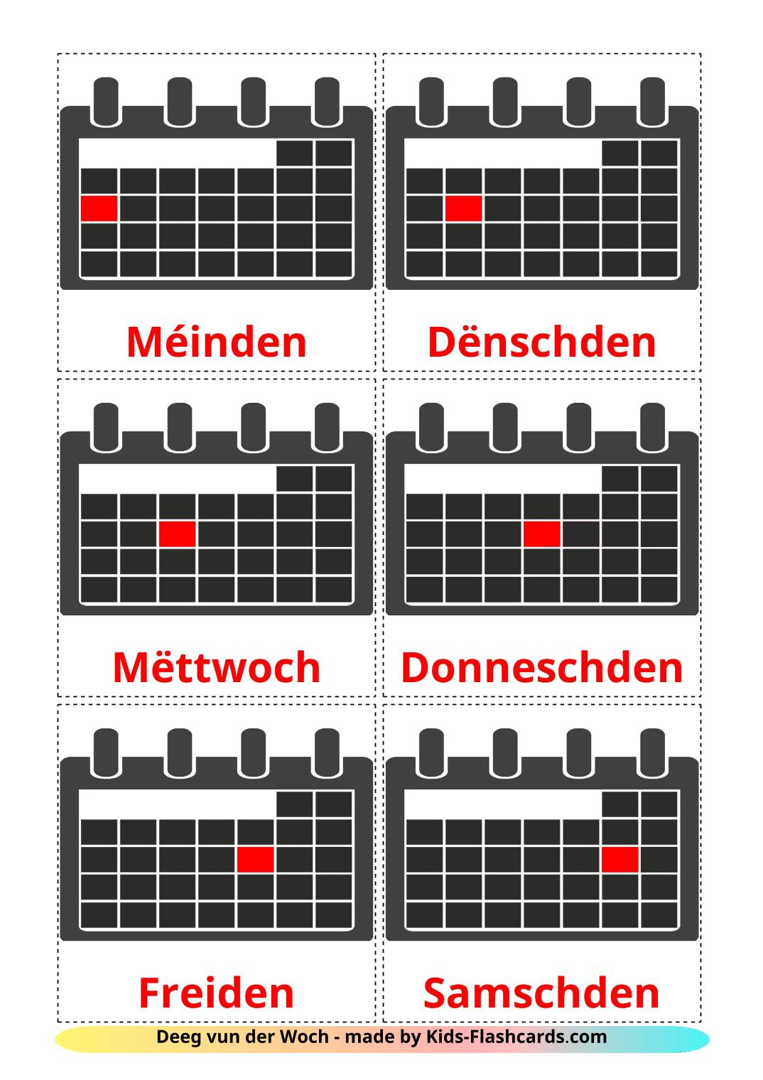 Days of Week - 12 Free Printable luxembourgish Flashcards 