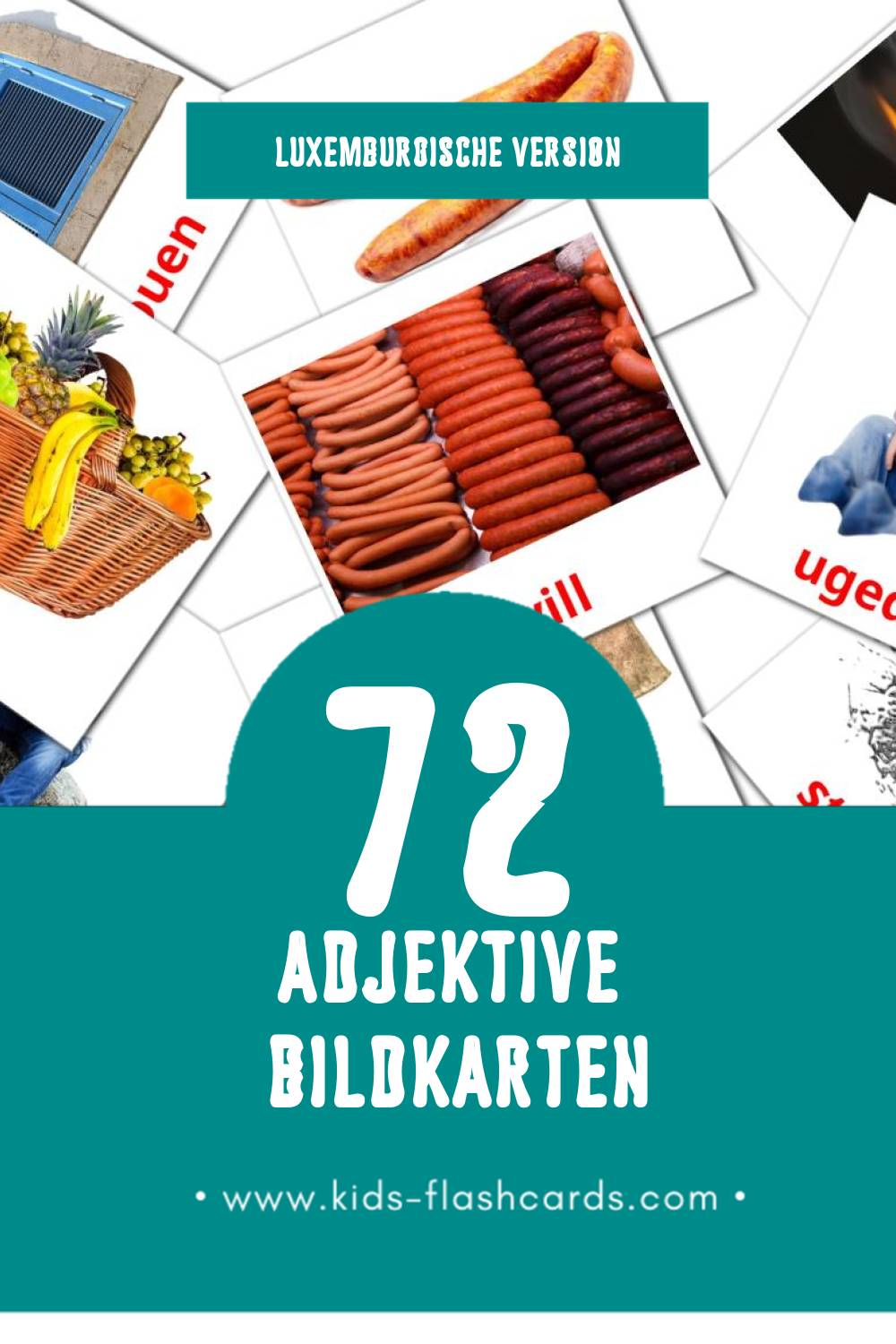 Visual Adjektiven Flashcards für Kleinkinder (72 Karten in Luxemburgisch)