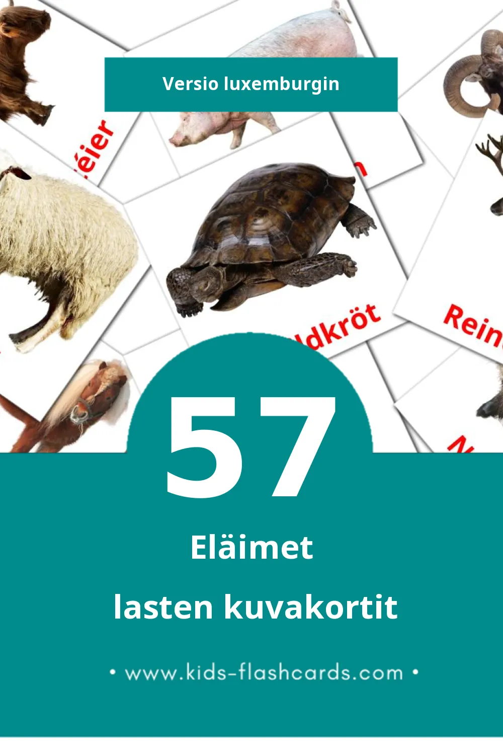 Déieren lasten kuvakortit pikkulapsille (57 korttia Luxemburginksi)