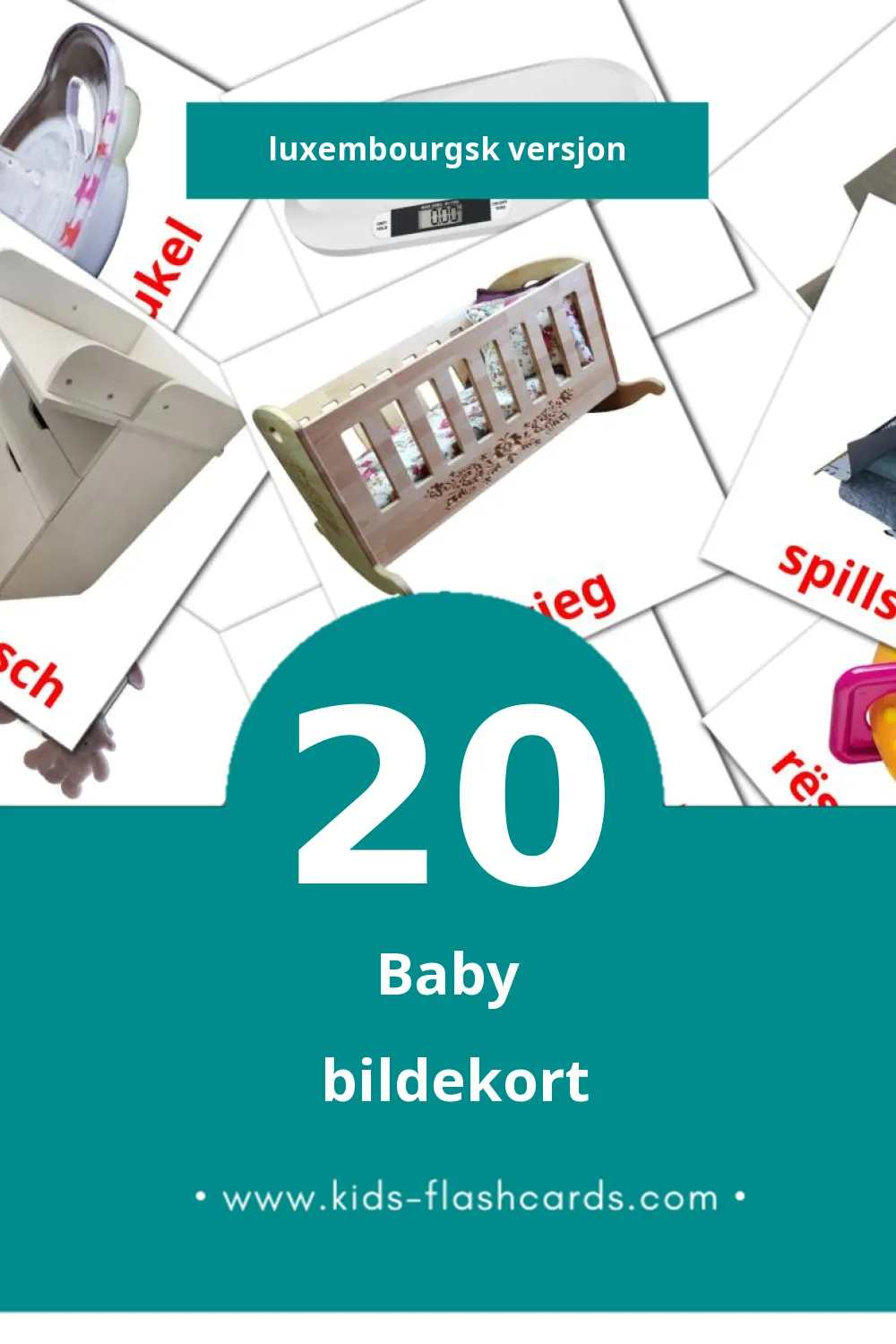 Visuelle bebe bildekort for småbarn (20 kort på Luxembourgsk)