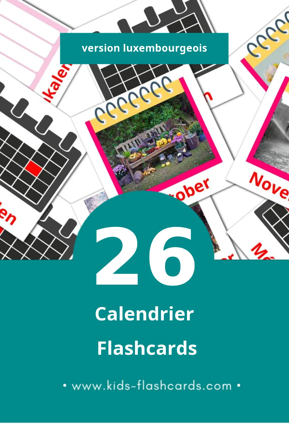 Flashcards Visual Kalenner pour les tout-petits (26 cartes en Luxembourgeois)