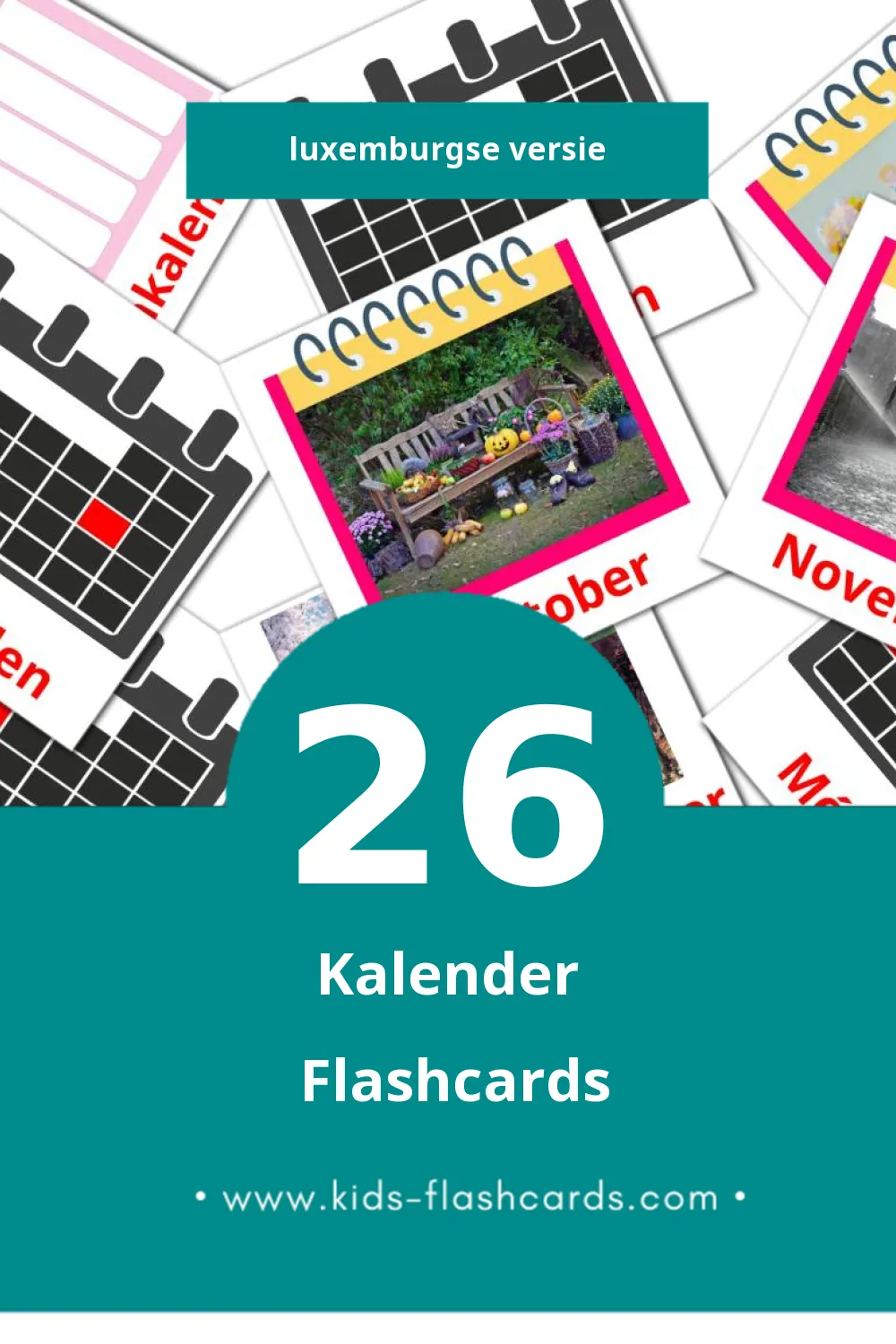 Visuele Kalenner Flashcards voor Kleuters (26 kaarten in het Luxemburgs)