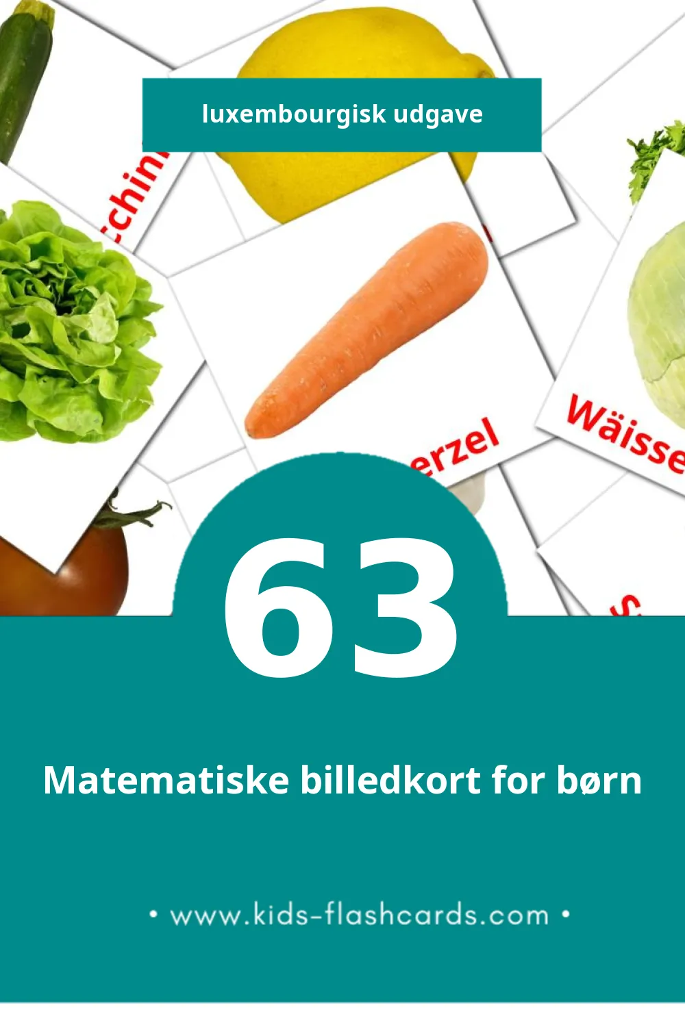 Visuelle billedkort for børn om Iessen til småbørn (63 kort på Luxembourgisk)