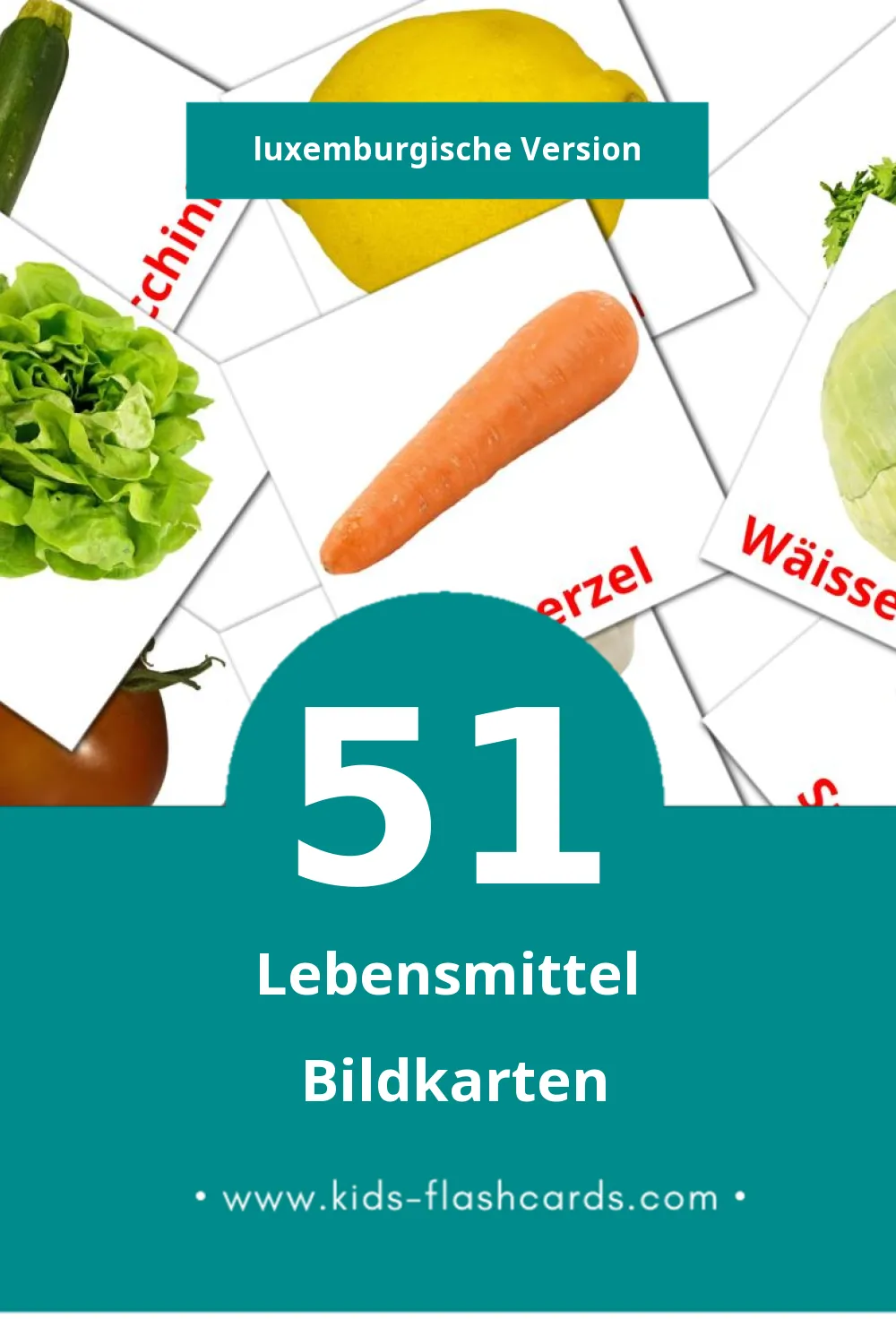 Visual Iessen Flashcards für Kleinkinder (51 Karten in Luxemburgisch)