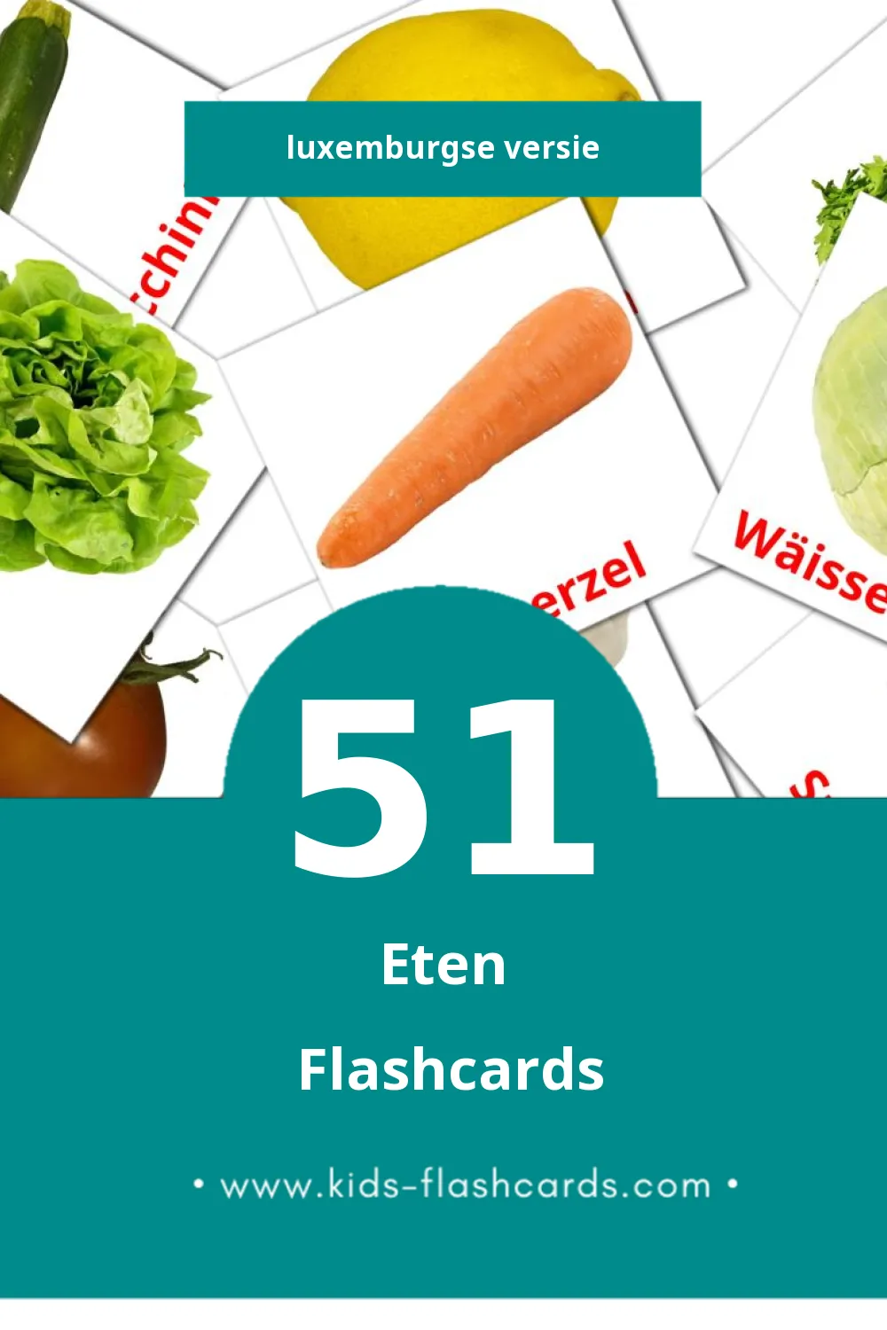 Visuele Iessen Flashcards voor Kleuters (51 kaarten in het Luxemburgs)