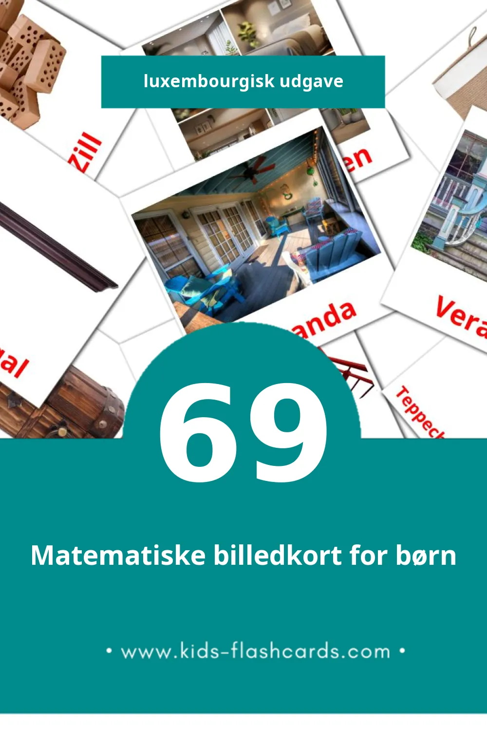 Visuelle billedkort for børn om Doheem til småbørn (69 kort på Luxembourgisk)