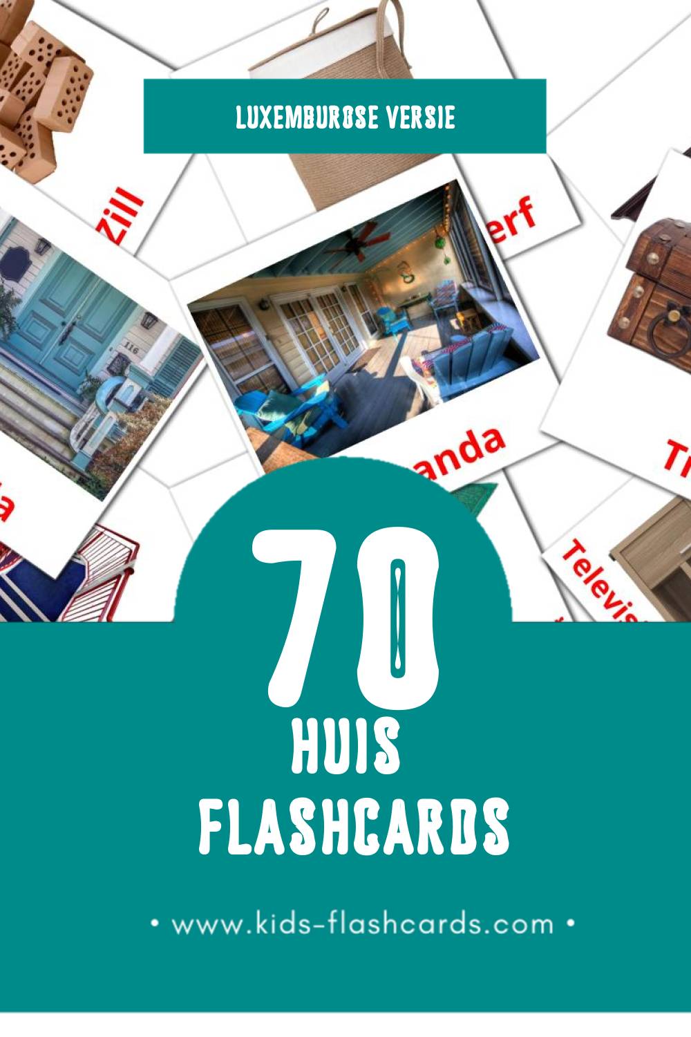 Visuele Doheem Flashcards voor Kleuters (70 kaarten in het Luxemburgs)