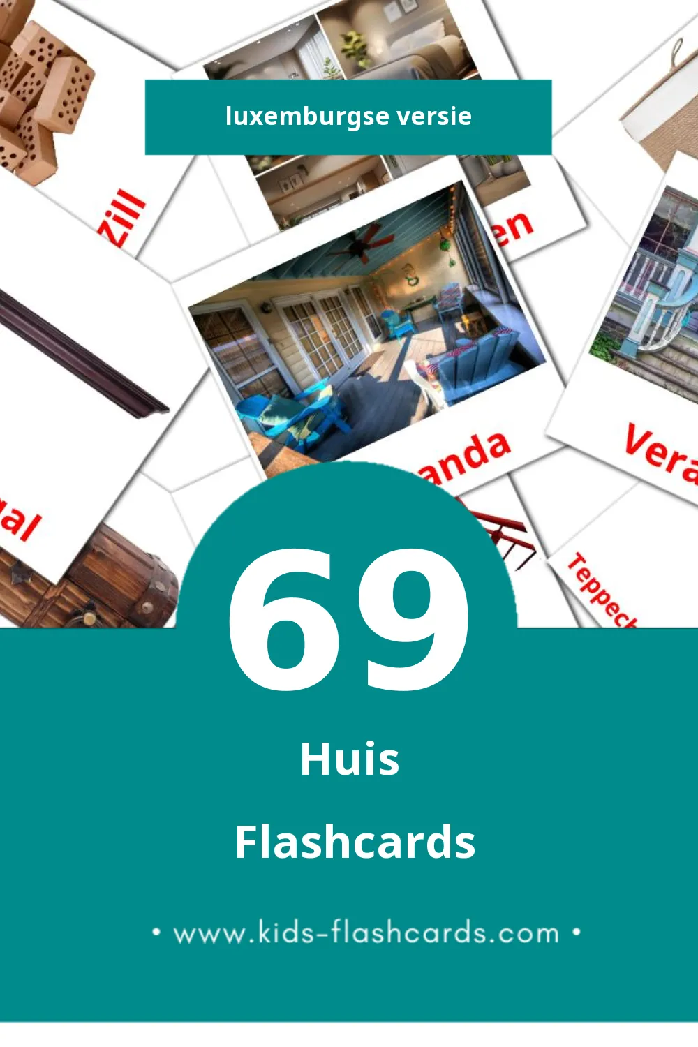 Visuele Doheem Flashcards voor Kleuters (69 kaarten in het Luxemburgs)