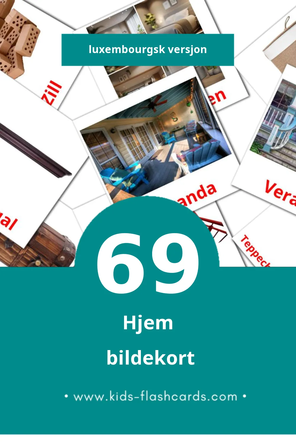 Visuelle Doheem bildekort for småbarn (69 kort på Luxembourgsk)