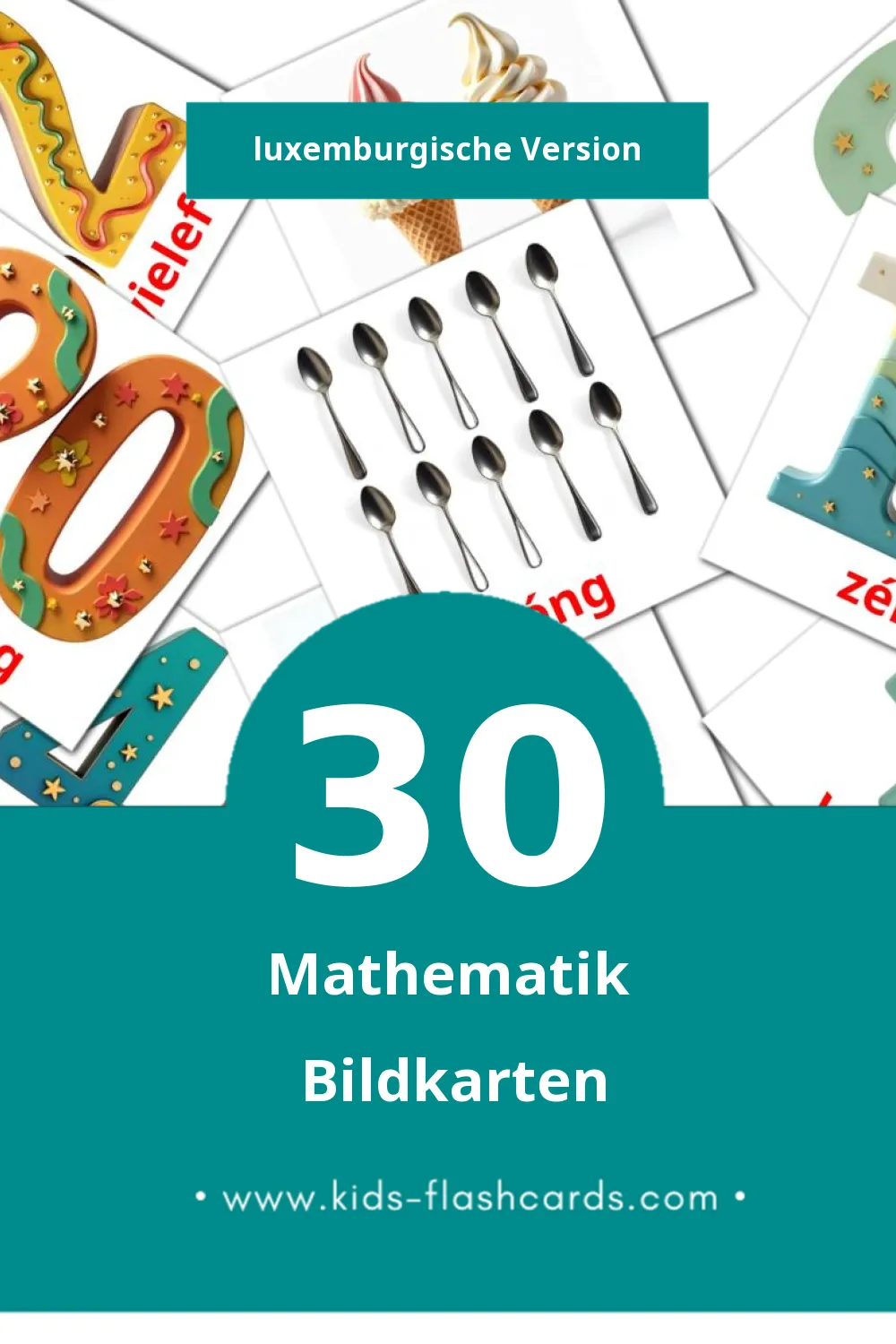 Visual Mathematik Flashcards für Kleinkinder (30 Karten in Luxemburgisch)