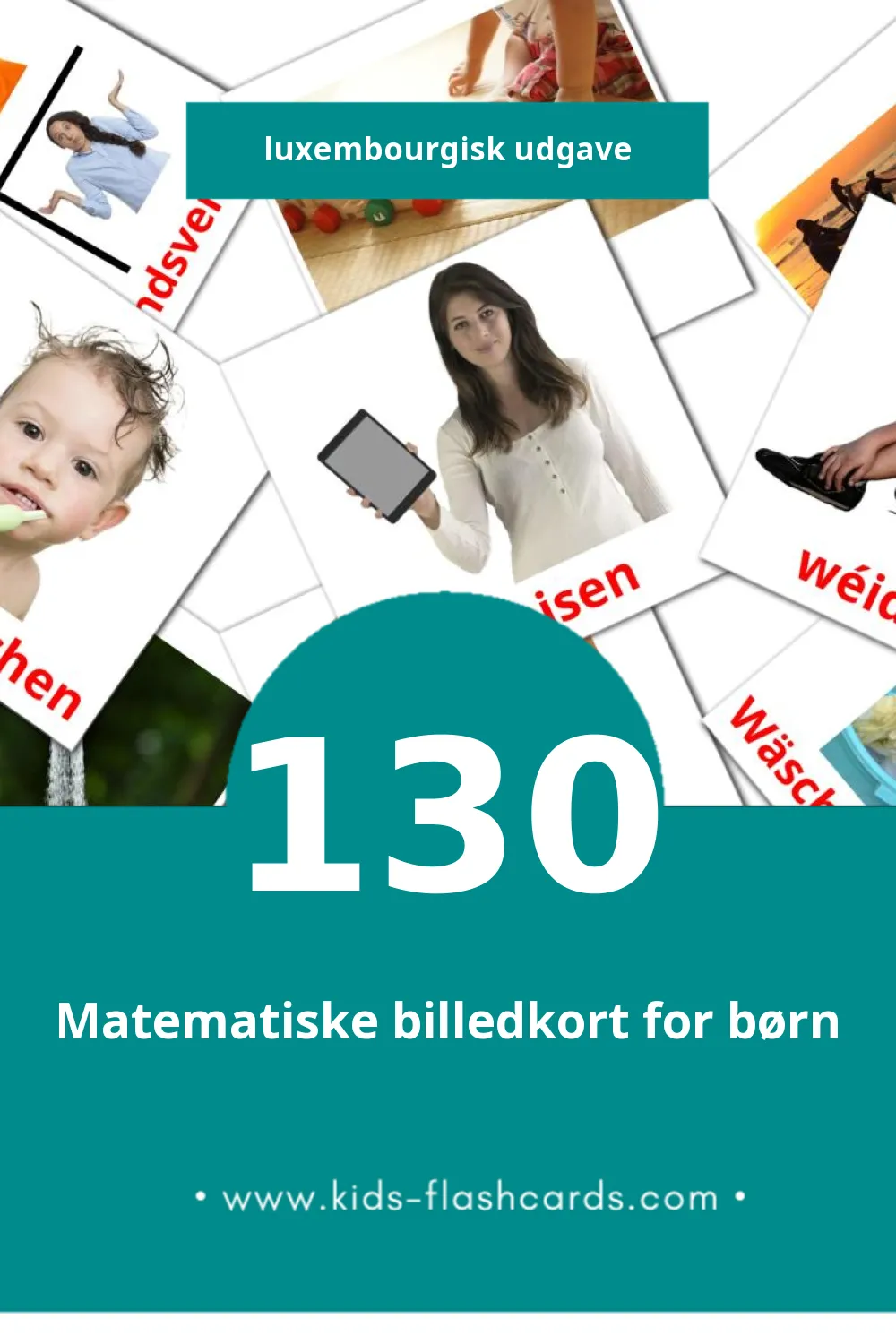 Visuelle billedkort for børn om Verben til småbørn (130 kort på Luxembourgisk)