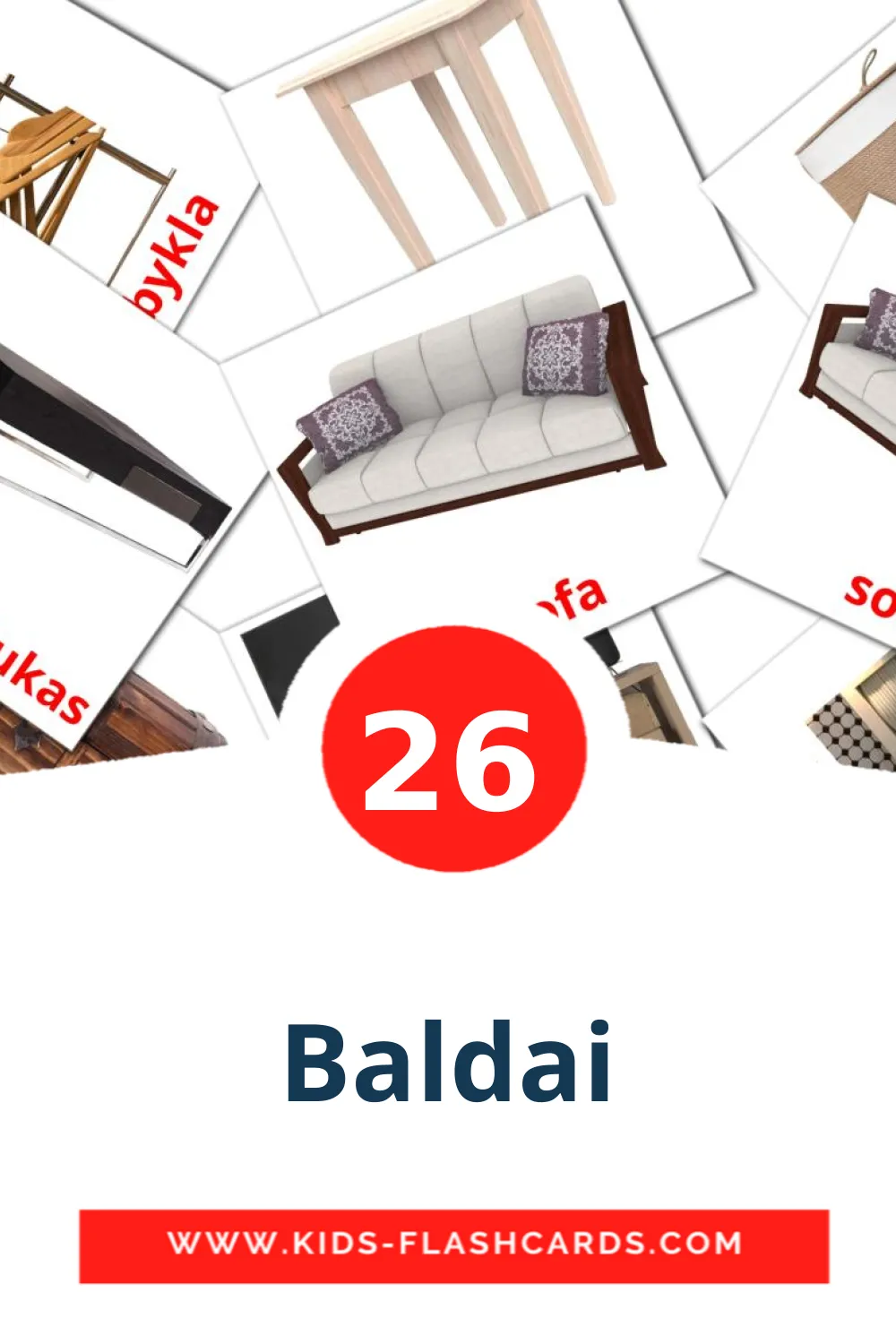 26 Baldai Picture Cards for Kindergarden in lithuanian