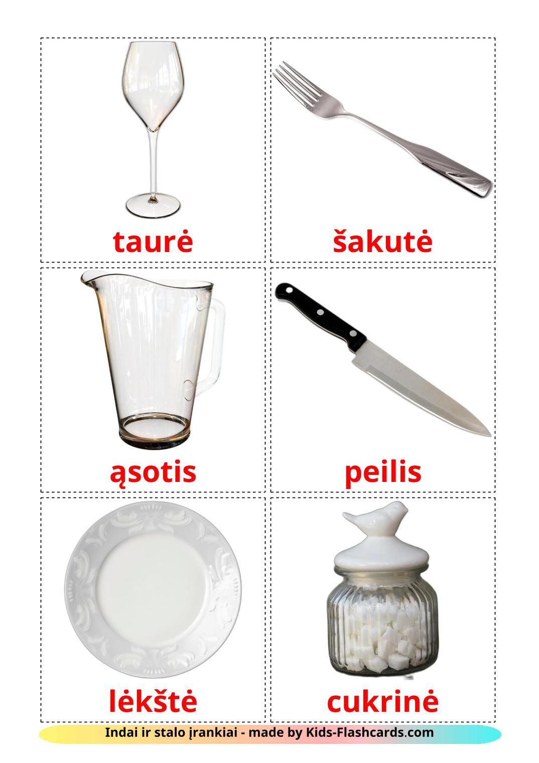 Crockery and cutlery - 29 Free Printable lithuanian Flashcards 