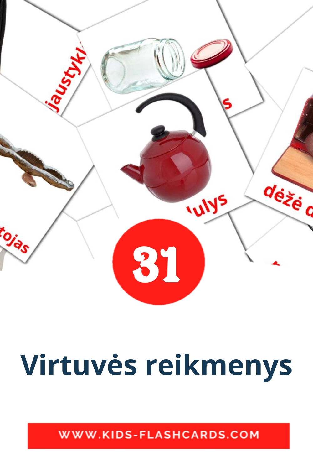 35 Virtuvės reikmenys Picture Cards for Kindergarden in lithuanian