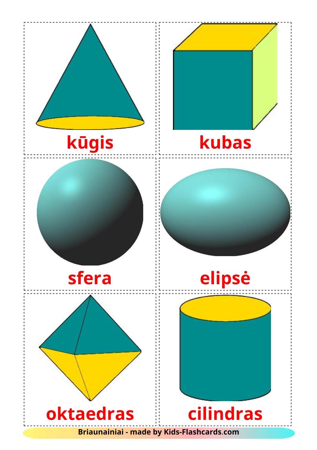 Géométrie en 3 Dimensions - 17 Flashcards lituanien imprimables gratuitement