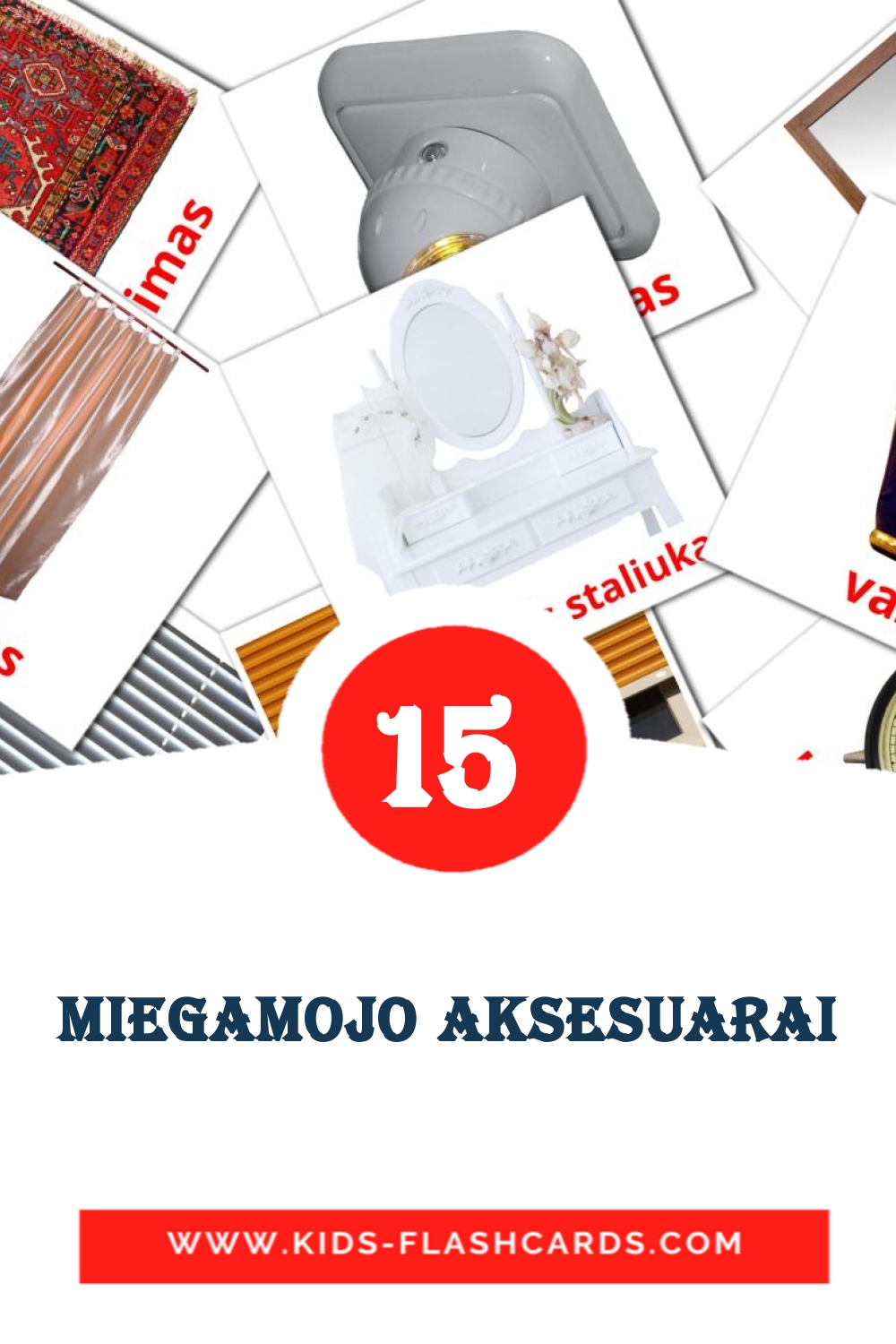 15 cartes illustrées de Miegamojo aksesuarai pour la maternelle en lituanien